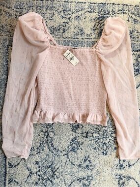 Express Puff-Sleeve Smocked Top - Blush Pink, Size XS